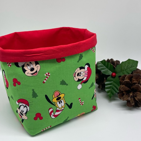 Handmade Disney Christmas Fabric Basket / Mickey Mouse Winter Fabric Basket - Picture 1 of 3
